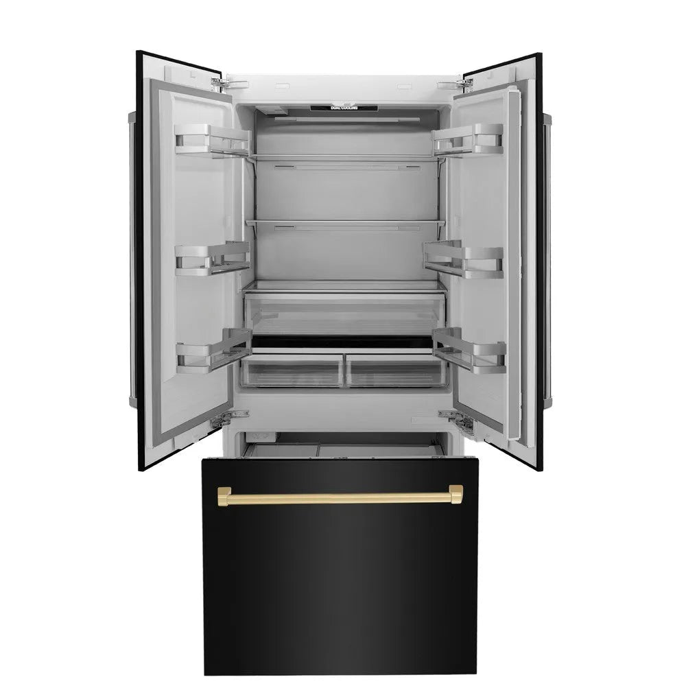 ZLINE Autograph Edition 36 in. 19.6 cu. ft. French Door Built-In Bottom Freezer Refrigerator with Water Dispenser and Ice Maker in Black Stainless Steel with Polished Gold Accents (RBIVZ-BS-36-G) front, open.