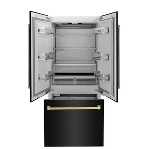 ZLINE Autograph Edition 36 in. 19.6 cu. ft. French Door Built-In Bottom Freezer Refrigerator with Water Dispenser and Ice Maker in Black Stainless Steel with Polished Gold Accents (RBIVZ-BS-36-G) front, open.