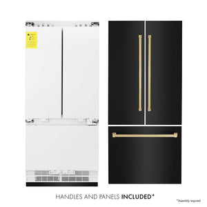 ZLINE Autograph Edition 36 in. 19.6 cu. ft. French Door Built-In Bottom Freezer Refrigerator with Water Dispenser and Ice Maker in Black Stainless Steel with Polished Gold Accents (RBIVZ-BS-36-G) front. Next to panels and handles.