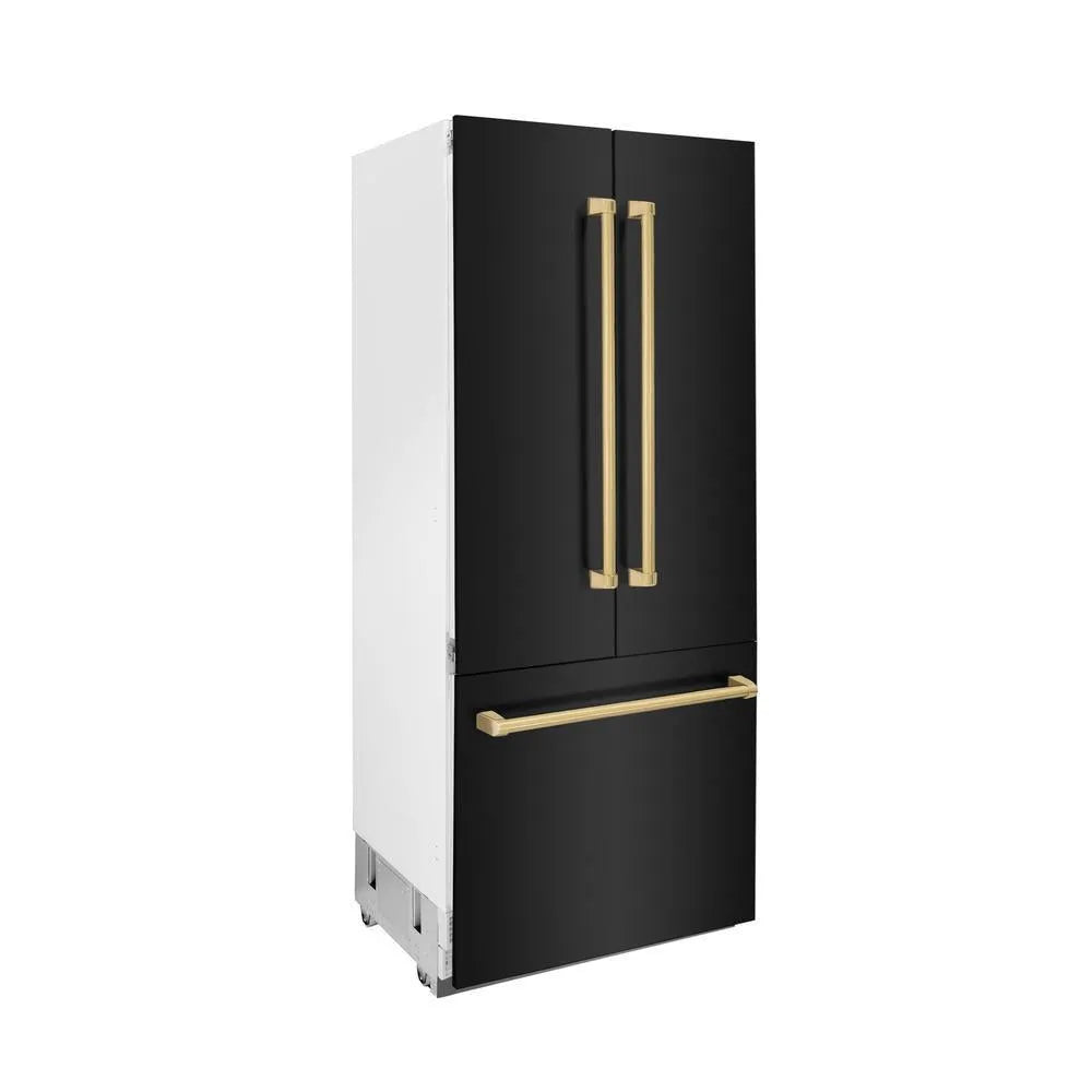 ZLINE Autograph Edition 36 in. 19.6 cu. ft. Built-in 3-Door French Door Refrigerator with Internal Water and Ice Dispenser in Black Stainless Steel with Polished Gold Accents (RBIVZ-BS-36-G) side.