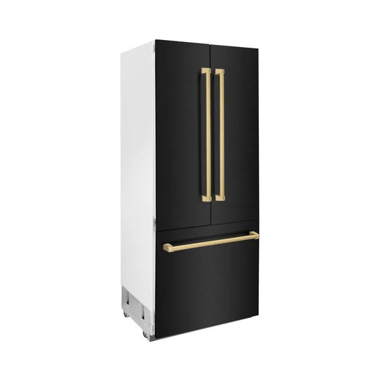 ZLINE Autograph Edition 36 in. 19.6 cu. ft. Built-in 3-Door French Door Refrigerator with Internal Water and Ice Dispenser in Black Stainless Steel with Polished Gold Accents (RBIVZ-BS-36-G) side.