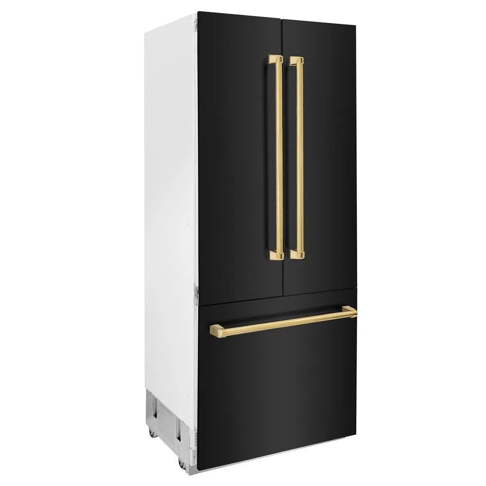 ZLINE Autograph Edition 36 in. 19.6 cu. ft. Built-in 3-Door French Door Refrigerator with Internal Water and Ice Dispenser in Black Stainless Steel with Polished Gold Accents (RBIVZ-BS-36-G) side, closed.