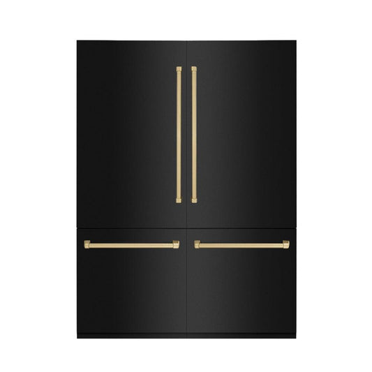 ZLINE Autograph Edition 60 in. 32.2 cu. ft. Built-in 4-Door French Door Refrigerator with Internal Water and Ice Dispenser in Black Stainless Steel with Champagne Bronze Accents (RBIVZ-BS-60-CB) front, closed.