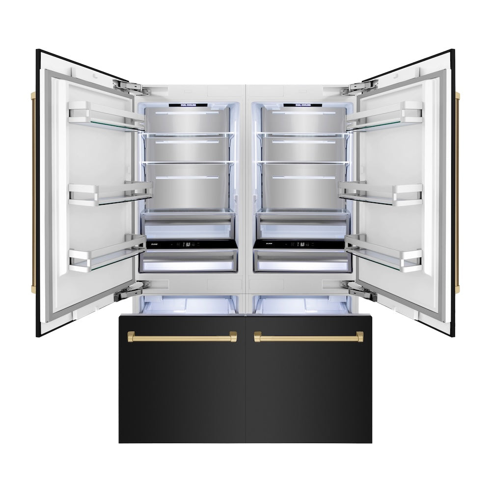 ZLINE Autograph Edition 60 in. 32.2 cu. ft. French Door Built-In Bottom Freezer Refrigerator with Water Dispenser and Ice Maker in Black Stainless Steel with Champagne Bronze Accents (RBIVZ-BS-60-CB) front, refrigeration compartment and bottom freezer open with interior lighting activated.