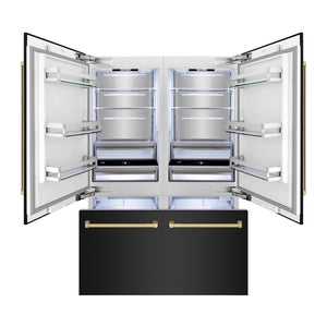 ZLINE Autograph Edition 60 in. 32.2 cu. ft. French Door Built-In Bottom Freezer Refrigerator with Water Dispenser and Ice Maker in Black Stainless Steel with Champagne Bronze Accents (RBIVZ-BS-60-CB) front, refrigeration compartment and bottom freezer open with interior lighting activated.