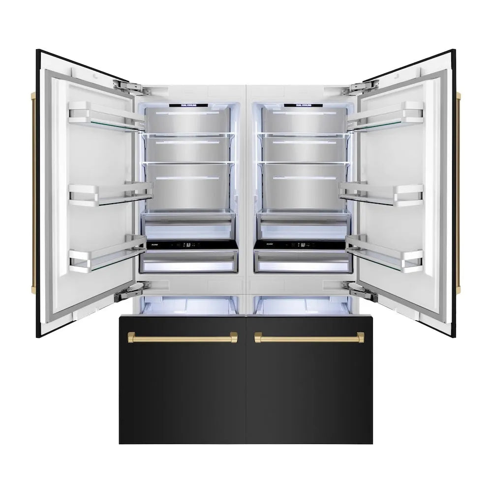ZLINE Autograph Edition 60 in. 32.2 cu. ft. French Door Built-In Bottom Freezer Refrigerator with Water Dispenser and Ice Maker in Black Stainless Steel with Champagne Bronze Accents (RBIVZ-BS-60-CB) front, refrigeration compartment and bottom freezer open with interior lighting activated.