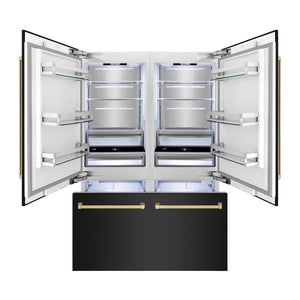 ZLINE Autograph Edition 60 in. 32.2 cu. ft. French Door Built-In Bottom Freezer Refrigerator with Water Dispenser and Ice Maker in Black Stainless Steel with Champagne Bronze Accents (RBIVZ-BS-60-CB) front, refrigeration compartment and bottom freezer open with interior lighting activated.