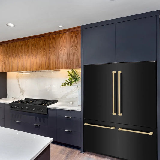 Modern kitchen with ZLINE Autograph Edition 60 in. 32.2 cu. ft. French Door Built-In Bottom Freezer Refrigerator with Water Dispenser and Ice Maker in Black Stainless Steel with Champagne Bronze Accents (RBIVZ-BS-60-CB) and wooden cabinets