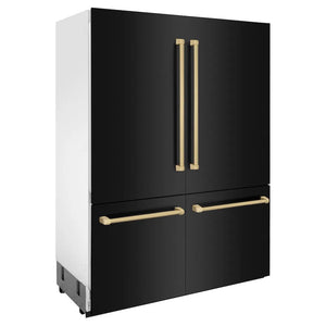 ZLINE Autograph Edition 60 in. 32.2 cu. ft. French Door Built-In Bottom Freezer Refrigerator with Water Dispenser and Ice Maker in Black Stainless Steel with Champagne Bronze Accents (RBIVZ-BS-60-CB) side, closed.