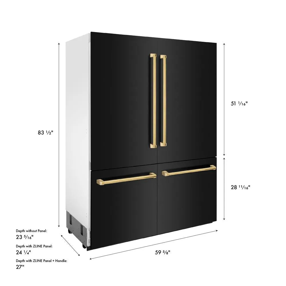 ZLINE Autograph Edition 60 in. 32.2 cu. ft. French Door Built-In Bottom Freezer Refrigerator with Water Dispenser and Ice Maker in Black Stainless Steel with Polished Gold Accents (RBIVZ-BS-60-G) dimensional diagram with measurements.