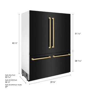 ZLINE Autograph Edition 60 in. 32.2 cu. ft. French Door Built-In Bottom Freezer Refrigerator with Water Dispenser and Ice Maker in Black Stainless Steel with Polished Gold Accents (RBIVZ-BS-60-G) dimensional diagram with measurements.