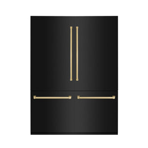 ZLINE Autograph Edition 60 in. 32.2 cu. ft. Built-in 4-Door French Door Refrigerator with Internal Water and Ice Dispenser in Black Stainless Steel with Polished Gold Accents (RBIVZ-BS-60-G) front, closed.