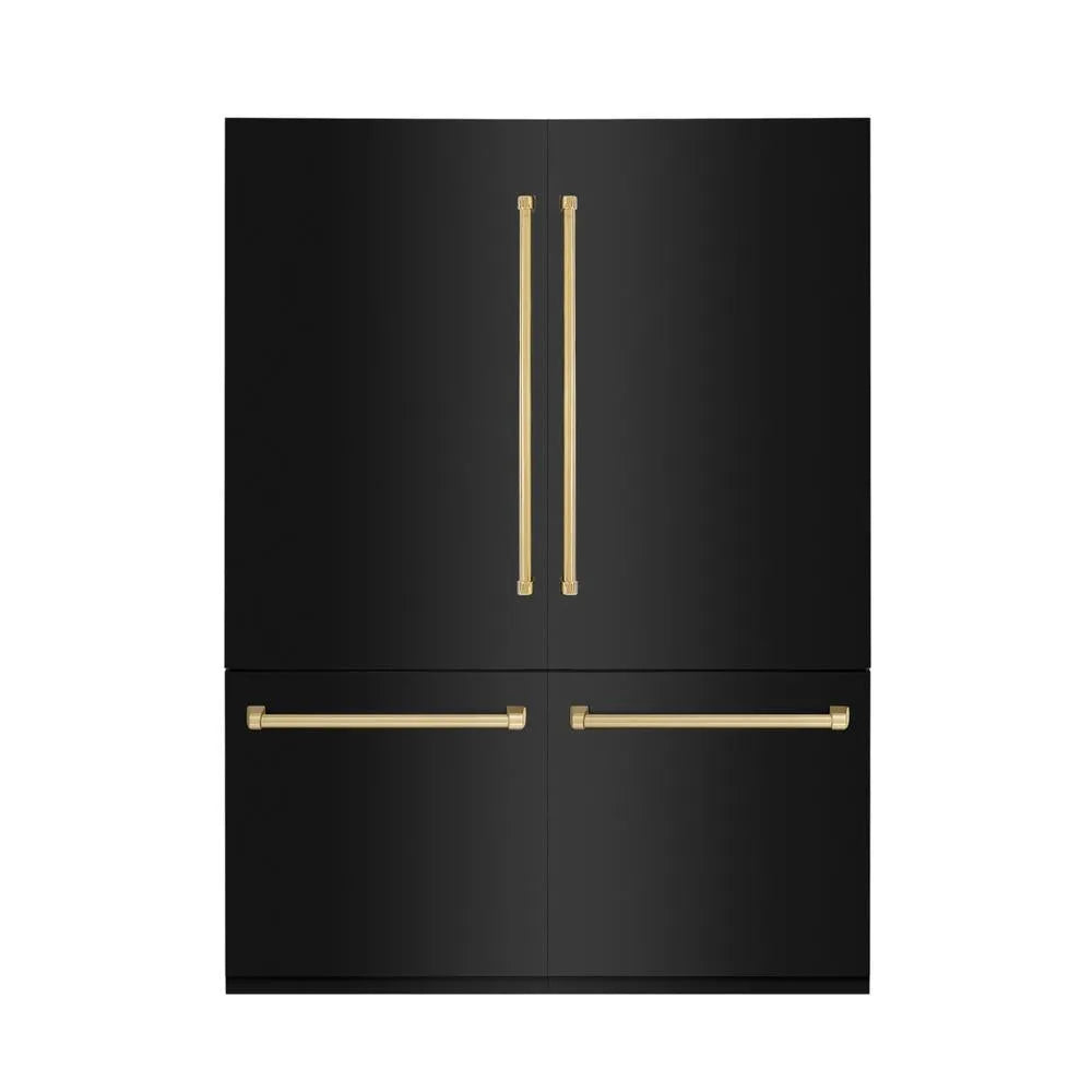 ZLINE Autograph Edition 60 in. 32.2 cu. ft. French Door Built-In Bottom Freezer Refrigerator with Water Dispenser and Ice Maker in Black Stainless Steel with Polished Gold Accents (RBIVZ-BS-60-G) main image.