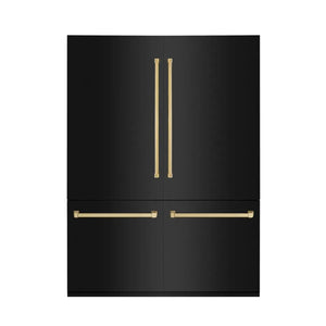ZLINE Autograph Edition 60 in. 32.2 cu. ft. French Door Built-In Bottom Freezer Refrigerator with Water Dispenser and Ice Maker in Black Stainless Steel with Polished Gold Accents (RBIVZ-BS-60-G) main image.