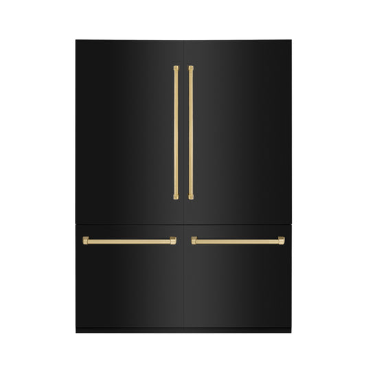 ZLINE Autograph Edition 60 in. 32.2 cu. ft. Built-in 4-Door French Door Refrigerator with Internal Water and Ice Dispenser in Black Stainless Steel with Polished Gold Accents (RBIVZ-BS-60-G) front, closed.