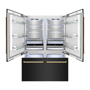 ZLINE Autograph Edition 60 in. 32.2 cu. ft. French Door Built-In Bottom Freezer Refrigerator with Water Dispenser and Ice Maker in Black Stainless Steel with Polished Gold Accents (RBIVZ-BS-60-G) front, open.
