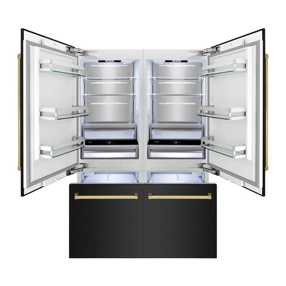 ZLINE Autograph Edition 60 in. 32.2 cu. ft. French Door Built-In Bottom Freezer Refrigerator with Water Dispenser and Ice Maker in Black Stainless Steel with Polished Gold Accents (RBIVZ-BS-60-G) front, open.