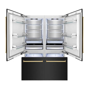 ZLINE Autograph Edition 60 in. 32.2 cu. ft. French Door Built-In Bottom Freezer Refrigerator with Water Dispenser and Ice Maker in Black Stainless Steel with Polished Gold Accents (RBIVZ-BS-60-G) front, open.