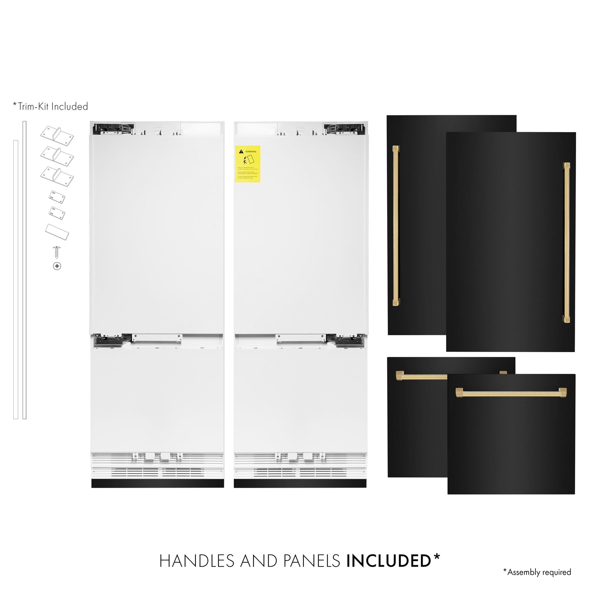 ZLINE Autograph Edition 60 in. 32.2 cu. ft. Built-in 4-Door French Door Refrigerator with Internal Water and Ice Dispenser in Black Stainless Steel with Polished Gold Accents (RBIVZ-BS-60-G) front, refrigeration unit next to panels and handles. Text: Handles and Panels Included.