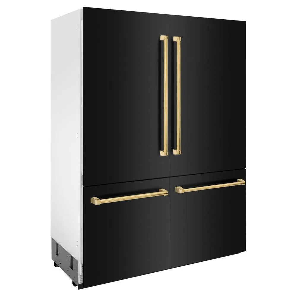 ZLINE Autograph Edition 60 in. 32.2 cu. ft. French Door Built-In Bottom Freezer Refrigerator with Water Dispenser and Ice Maker in Black Stainless Steel with Polished Gold Accents (RBIVZ-BS-60-G) side, closed.
