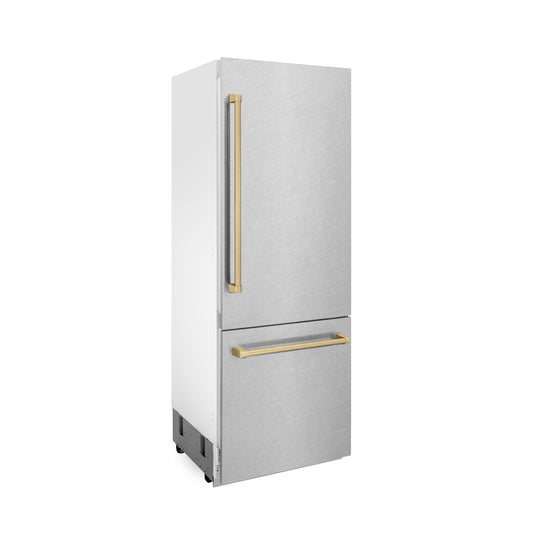 ZLINE Autograph Edition 30 in. 16.1 cu. ft. Built-in 2-Door Bottom Freezer Refrigerator with Internal Water and Ice Dispenser in Fingerprint Resistant Stainless Steel with Champagne Bronze Accents (RBIVZ-SN-30-CB) side.