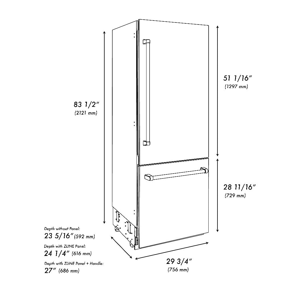 ZLINE Autograph Edition 30 in. 16.1 cu. ft. Built-in 2-Door Bottom Freezer Refrigerator with Internal Water and Ice Dispenser in Fingerprint Resistant Stainless Steel with Polished Gold Accents (RBIVZ-SN-30-G) dimensional diagram with measurements.