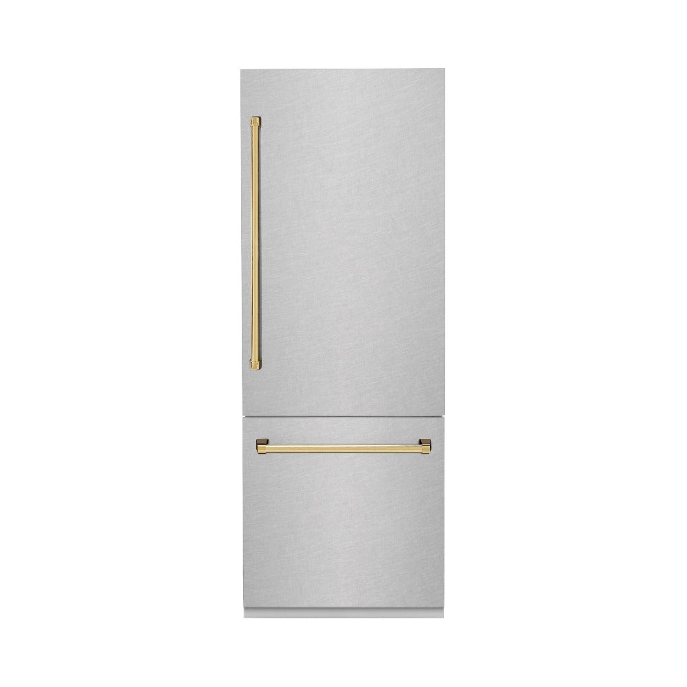 ZLINE Autograph Edition 30 in. 16.1 cu. ft. Built-in 2-Door Bottom Freezer Refrigerator with Internal Water and Ice Dispenser in Fingerprint Resistant Stainless Steel with Polished Gold Accents (RBIVZ-SN-30-G)