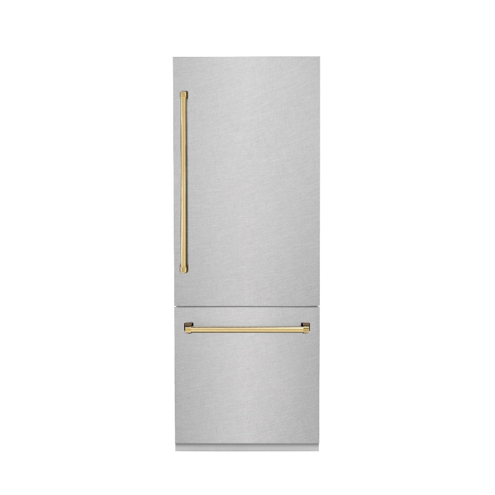 ZLINE Autograph Edition 30 in. 16.1 cu. ft. Built-in 2-Door Bottom Freezer Refrigerator with Internal Water and Ice Dispenser in Fingerprint Resistant Stainless Steel with Polished Gold Accents (RBIVZ-SN-30-G) front, closed.