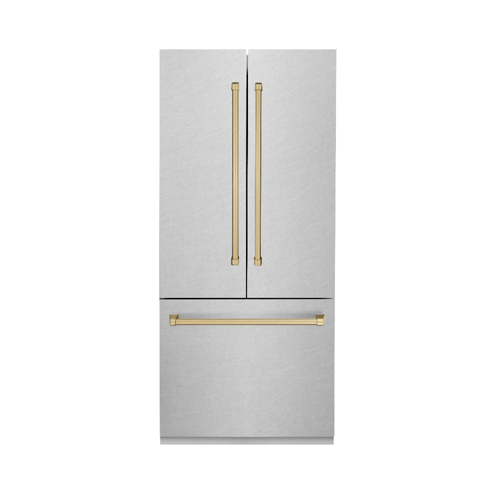 ZLINE Autograph Edition 36 in. 19.6 cu. ft. Built-in 3-Door French Door Refrigerator with Internal Water and Ice Dispenser in Fingerprint Resistant Stainless Steel with Champagne Bronze Accents (RBIVZ-SN-36-CB)