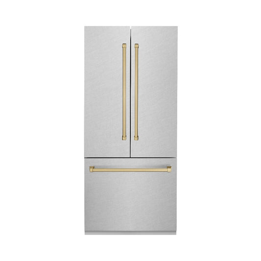 ZLINE Autograph Edition 36 in. 19.6 cu. ft. Built-in 3-Door French Door Refrigerator with Internal Water and Ice Dispenser in Fingerprint Resistant Stainless Steel with Champagne Bronze Accents (RBIVZ-SN-36-CB)