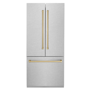 ZLINE Autograph Edition 36 in. 19.6 cu. ft. Built-in 3-Door French Door Refrigerator with Internal Water and Ice Dispenser in Fingerprint Resistant Stainless Steel with Champagne Bronze Accents (RBIVZ-SN-36-CB) front, closed.