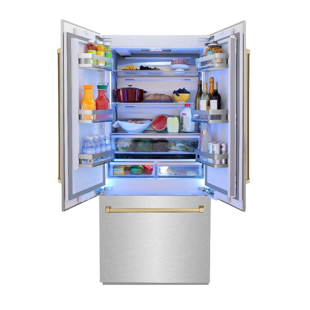 ZLINE Autograph Edition 36 in. 19.6 cu. ft. Built-in 3-Door French Door Refrigerator with Internal Water and Ice Dispenser in Fingerprint Resistant Stainless Steel with Champagne Bronze Accents (RBIVZ-SN-36-CB) front, open, with food inside refrigeration compartment.