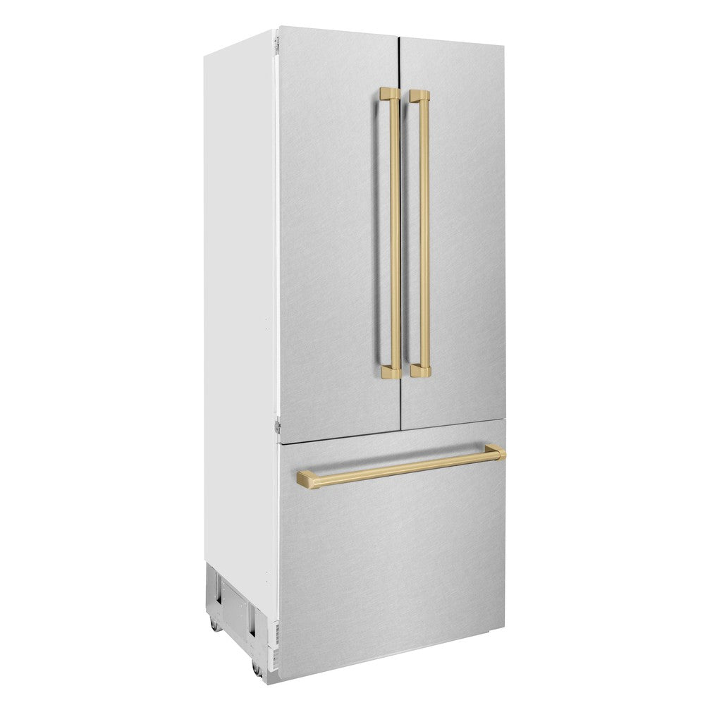 ZLINE Autograph Edition 36 in. 19.6 cu. ft. Built-in 3-Door French Door Refrigerator with Internal Water and Ice Dispenser in Fingerprint Resistant Stainless Steel with Champagne Bronze Accents (RBIVZ-SN-36-CB) side, closed.