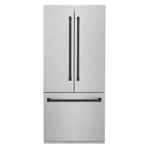 ZLINE Autograph Edition 36 in. 19.6 cu. ft. Built-in 2-Door Bottom Freezer Refrigerator with Internal Water and Ice Dispenser in Fingerprint Resistant Stainless Steel with Matte Black Accents (RBIVZ-SN-36-MB) front, closed.