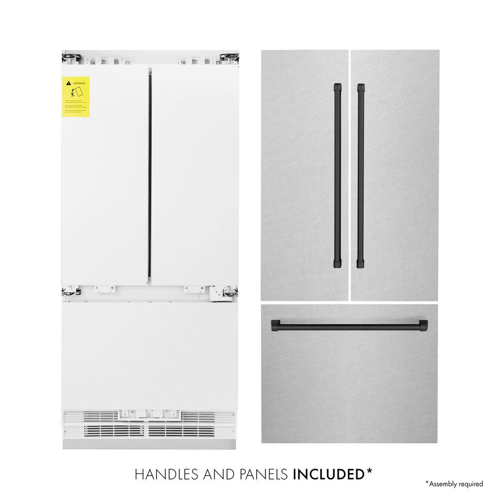 ZLINE Autograph Edition 36 in. 19.6 cu. ft. Built-in 2-Door Bottom Freezer Refrigerator with Internal Water and Ice Dispenser in Fingerprint Resistant Stainless Steel with Matte Black Accents (RBIVZ-SN-36-MB) front, refrigeration unit next to panels and handles. Text: Handles and Panels Included.