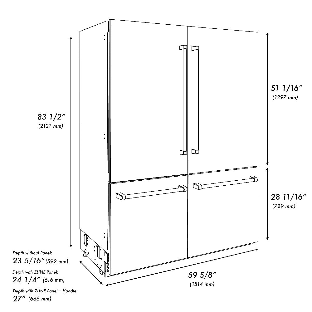 ZLINE Autograph Edition 60 in. 32.2 cu. ft. Built-in 4-Door French Door Refrigerator with Internal Water and Ice Dispenser in Fingerprint Resistant Stainless Steel with Champagne Bronze Accents (RBIVZ-SN-60-CB) dimensional diagram with measurements.