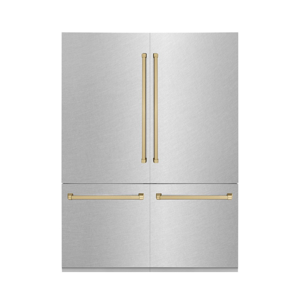 ZLINE Autograph Edition 60 in. 32.2 cu. ft. Built-in 4-Door French Door Refrigerator with Internal Water and Ice Dispenser in Fingerprint Resistant Stainless Steel with Champagne Bronze Accents (RBIVZ-SN-60-CB)