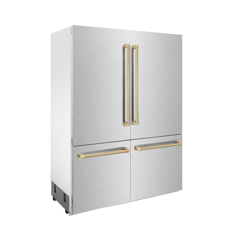 ZLINE Autograph Edition 60 in. 32.2 cu. ft. Built-in 4-Door French Door Refrigerator with Internal Water and Ice Dispenser in Fingerprint Resistant Stainless Steel with Champagne Bronze Accents (RBIVZ-SN-60-CB)