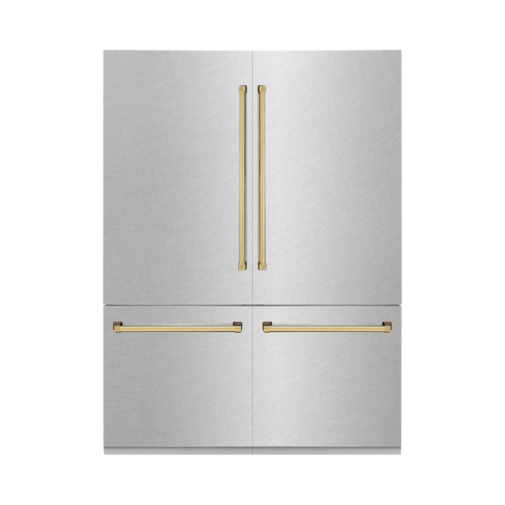 ZLINE Autograph Edition 60 in. 32.2 cu. ft. Built-in 4-Door French Door Refrigerator with Internal Water and Ice Dispenser in Fingerprint Resistant Stainless Steel with Polished Gold Accents (RBIVZ-SN-60-G)