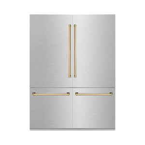 ZLINE Autograph Edition 60 in. 32.2 cu. ft. Built-in 4-Door French Door Refrigerator with Internal Water and Ice Dispenser in Fingerprint Resistant Stainless Steel with Polished Gold Accents (RBIVZ-SN-60-G)