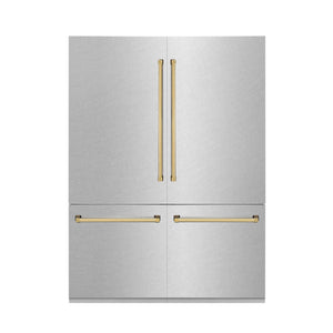 ZLINE Autograph Edition 60 in. 32.2 cu. ft. Built-in 4-Door French Door Refrigerator with Internal Water and Ice Dispenser in Fingerprint Resistant Stainless Steel with Polished Gold Accents (RBIVZ-SN-60-G) front, closed.