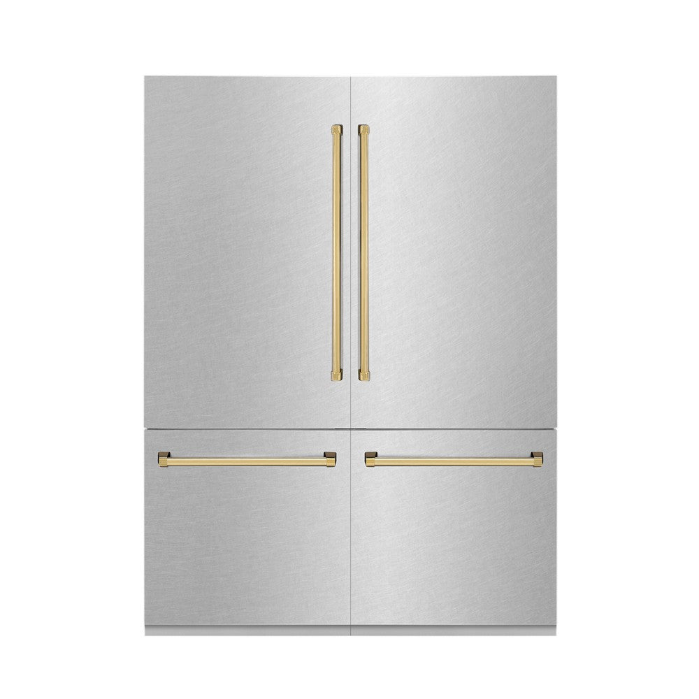 ZLINE Autograph Edition 60 in. 32.2 cu. ft. Built-in 4-Door French Door Refrigerator with Internal Water and Ice Dispenser in Fingerprint Resistant Stainless Steel with Polished Gold Accents (RBIVZ-SN-60-G)