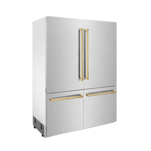 ZLINE Autograph Edition 60 in. 32.2 cu. ft. Built-in 4-Door French Door Refrigerator with Internal Water and Ice Dispenser in Fingerprint Resistant Stainless Steel with Polished Gold Accents (RBIVZ-SN-60-G) side.