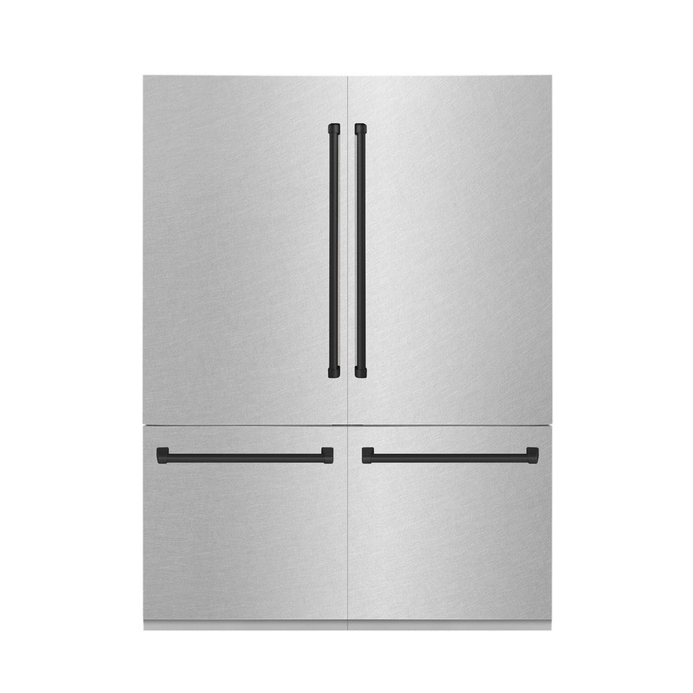 ZLINE Autograph Edition 60 in. 32.2 cu. ft. Built-in 4-Door French Door Refrigerator with Internal Water and Ice Dispenser in Fingerprint Resistant Stainless Steel with Matte Black Accents (RBIVZ-SN-60-MB) front, closed.