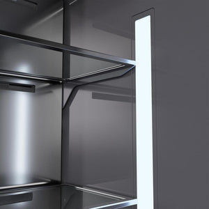 ZLINE Autograph Edition 30 in. 16.1 cu. ft. Panel Ready Built-In Bottom Freezer Refrigerator with Water Dispenser and Ice Maker with Graphite Gray Interior and Champagne Bronze Accents (GRBIVZ-30-CB) close-up detail, LED lighting inside refrigeration compartment.