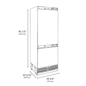 ZLINE Autograph Edition 30 in. 16.1 cu. ft. Panel Ready Built-In Bottom Freezer Refrigerator with Water Dispenser and Ice Maker with Graphite Gray Interior and Champagne Bronze Accents (GRBIVZ-30-CB) dimensional diagram.