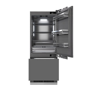 ZLINE Autograph Edition 30 in. 16.1 cu. ft. Panel Ready Built-In Bottom Freezer Refrigerator with Water Dispenser and Ice Maker with Graphite Gray Interior and Champagne Bronze Accents (GRBIVZ-30-CB) front, bottom freezer drawer and refrigeration compartment open.