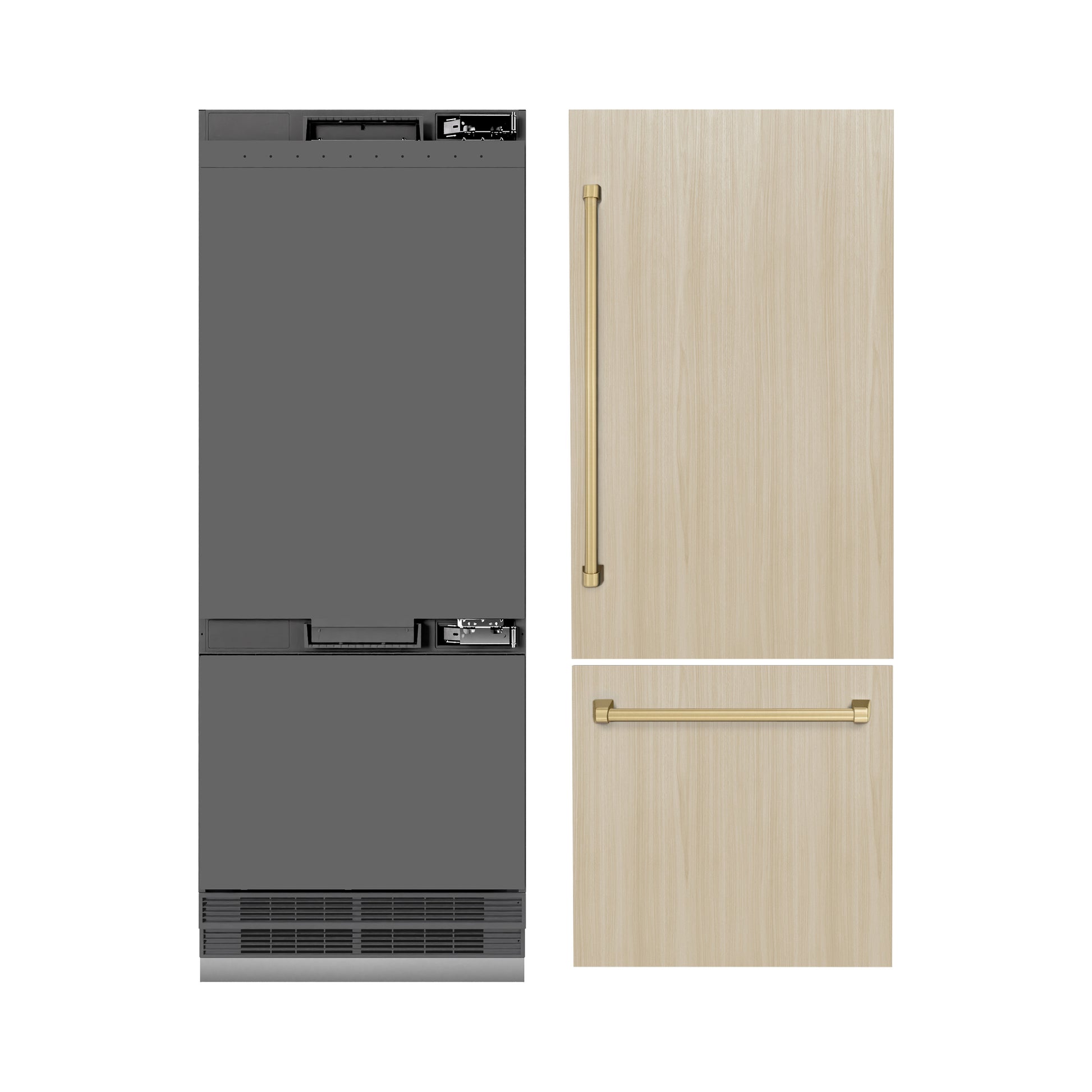 ZLINE Autograph Edition 30 in. 16.1 cu. ft. Panel Ready Built-In Bottom Freezer Refrigerator with Water Dispenser and Ice Maker with Graphite Gray Interior and Champagne Bronze Accents (GRBIVZ-30-CB)