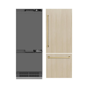 ZLINE Autograph Edition 30 in. 16.1 cu. ft. Panel Ready Built-In Bottom Freezer Refrigerator with Water Dispenser and Ice Maker with Graphite Gray Interior and Champagne Bronze Accents (GRBIVZ-30-CB) front, closed, next to custom panels with handles installed.