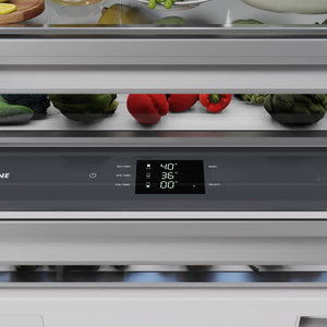 ZLINE Autograph Edition 30 in. 16.1 cu. ft. Panel Ready Built-In Bottom Freezer Refrigerator with Water Dispenser and Ice Maker with Graphite Gray Interior and Champagne Bronze Accents (GRBIVZ-30-CB) close-up detail, temperature display and controls inside refrigeration compartment.